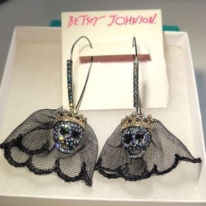 Betsey Johnson Queen Pave Crystal Skull Drop Wire Earrings